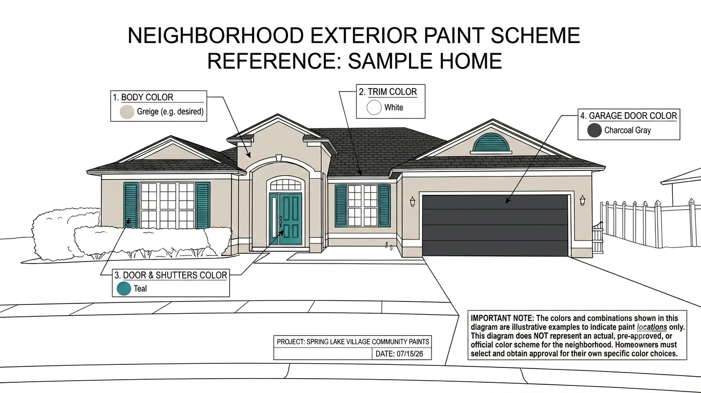 Fictional home diagram identifying body walls, trim, door and shutters, and garage door. The roof is separate from the paint areas.